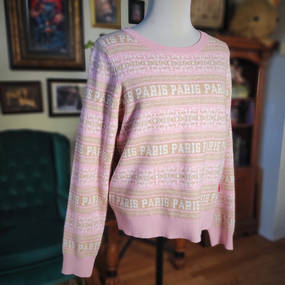 Paris‎ Hilton Sweater Womens Large Pink Logo Jacquard Knit Birdseye Pullover NWT